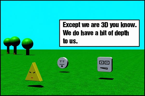 Bob, Ted and Suzie explain that they are 3D and have a bit of depth to them