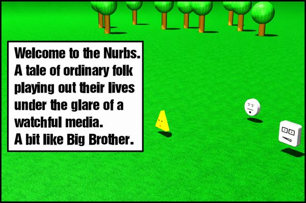 Bob, Ted and Suzie stand beneath text welcoming readers to The Nurbs, a tale of ordinary folk under the glare of a watchful media