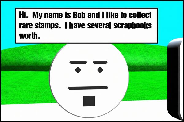 Bob introduces himself and says that he collects rare stamps and has several scrapbooks' worth
